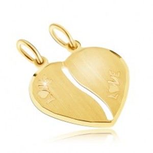 Šperky eshop - Zlatý dvojprívesok 585 - saténové srdce, nápis LOVE, podlhovastý výrez GG30.09