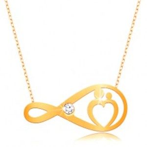Šperky eshop - Zlatý náhrdelník 375 - jemná retiazka, symbol nekonečna s čírym zirkónom a srdcom GG194.31