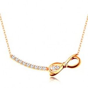 Šperky eshop - Zlatý náhrdelník 375 - retiazka z oválnych očiek, zirkónový oblúk a lesklá mašlička GG194.42