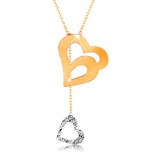Šperky eshop - Zlatý náhrdelník 585 - jemná retiazka, dvojitá kontúra srdca a visiace srdiečko GG160.07