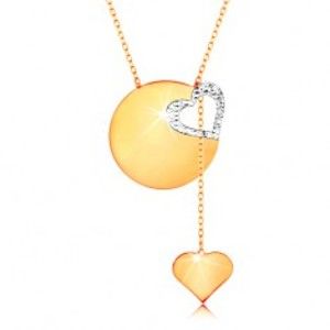 Šperky eshop - Zlatý náhrdelník 585 - jemná retiazka, lesklý plochý kruh, kontúra srdca z bieleho zlata GG160.01