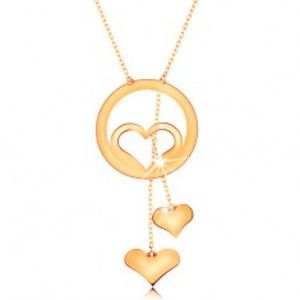 Šperky eshop - Zlatý náhrdelník 585 - kontúra srdca v obruči a dve visiace srdiečka na retiazkach GG160.04