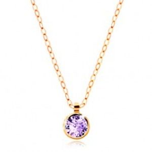 Šperky eshop - Zlatý náhrdelník 585 - lesklá retiazka, okrúhly svetlofialový zirkón GG208.07