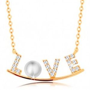 Šperky eshop - Zlatý náhrdelník 585 - zirkónový nápis LOVE na lesklom oblúku, biela perla GG139.25
