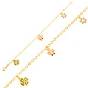 Šperky eshop - Zlatý náramok 375 - glazúrovaný štvorlístok, motýľ, kvietok, lesklá retiazka GG01.23