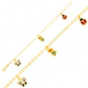 Šperky eshop - Zlatý náramok 375 - ligotavá retiazka, emailový motýľ, vtáčik a lienka GG01.31