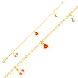 Šperky eshop - Zlatý náramok 375, glazúrovaná zámka, srdce a kľúčik na lesklej retiazke GG01.53