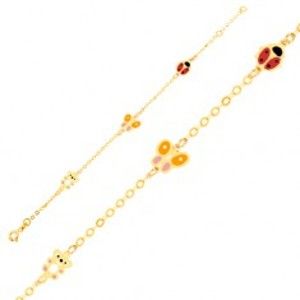 Šperky eshop - Zlatý náramok 375 na ruku, glazúrovaný medvedík, motýľ, lienka, lesklá retiazka GG01.40