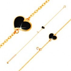 Šperky eshop - Zlatý náramok 585 - čierne asymetrické srdce a číry zirkónik, tenká retiazka, 180 mm GG136.16