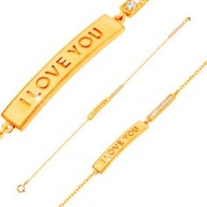 Šperky eshop - Zlatý náramok 585 - lesklý úzky pás s nápisom I LOVE YOU a číra zirkónová línia GG137.29