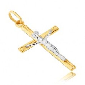 Šperky eshop - Zlatý prívesok 14K - dvojfarebná kombinácia Krista na kríži s priehlbinkami GG01.14