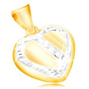 Šperky eshop - Zlatý prívesok 14K - srdce s lemom a šikmým pásom z bieleho zlata, zárezy GG212.06