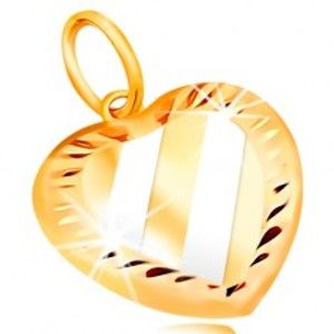 Šperky eshop - Zlatý prívesok 14K - srdce so šikmými pásmi z bieleho zlata, zárezy po obvode GG211.51