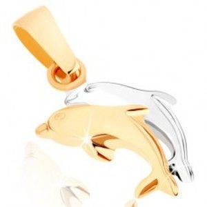 Šperky eshop - Zlatý prívesok 375 - dvojfarebné skáčuce delfíny, hladký vypuklý povrch GG44.07