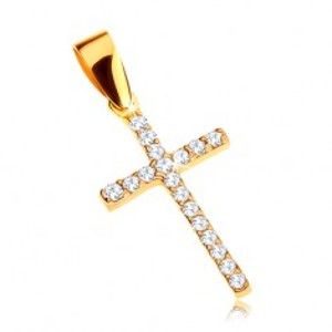 Šperky eshop - Zlatý prívesok 375 - latinský krížik zdobený zirkónmi čírej farby GG48.09