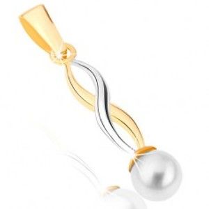 Šperky eshop - Zlatý prívesok 375 - lesklé dvojfarebné vlnky, guľatá perla bielej farby GG46.10