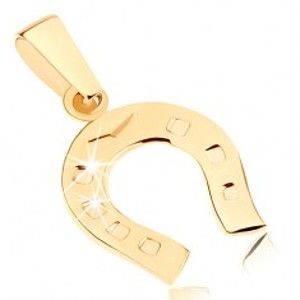 Šperky eshop - Zlatý prívesok 375 - ligotavá podkovička pre šťastie, gravírované bodky GG45.10