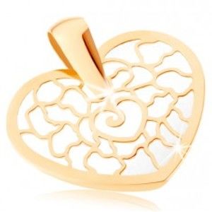 Šperky eshop - Zlatý prívesok 375 - obrys srdca s ornamentami, podklad z perlete GG82.02