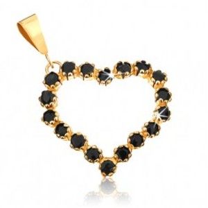 Šperky eshop - Zlatý prívesok 375 - obrys symetrického srdca vykladaný čiernymi zafírmi GG52.06