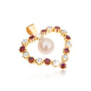 Šperky eshop - Zlatý prívesok 375, kontúra srdca zo zirkónov a červených rubínov, biela perla GG52.10