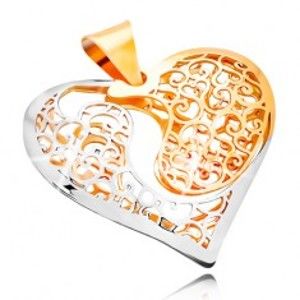 Šperky eshop - Zlatý prívesok 585 - dvojfarebné srdce s výrezom a filigránovým zdobením GG15.34