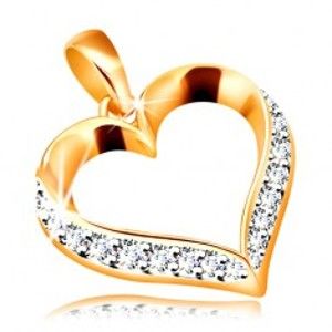 Šperky eshop - Zlatý prívesok 585 - kontúra pravidelného srdca zdobená čírymi zirkónmi GG208.01