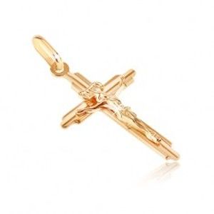 Šperky eshop - Zlatý prívesok 585 - kríž s vyhĺbenými cípmi a trojrozmerným Ježišom GG06.08