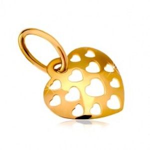 Šperky eshop - Zlatý prívesok 585 - lesklé vypuklé srdce posiate vyrezávanými srdiečkami GG18.31