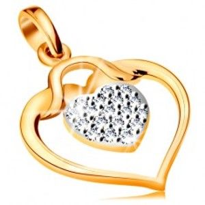 Šperky eshop - Zlatý prívesok 585 - lesklý obrys srdca s menším zirkónovým srdiečkom vo vnútri GG194.59