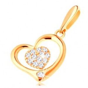 Šperky eshop - Zlatý prívesok 585 - lesklý obrys srdca s menším zirkónovým srdiečkom GG118.15