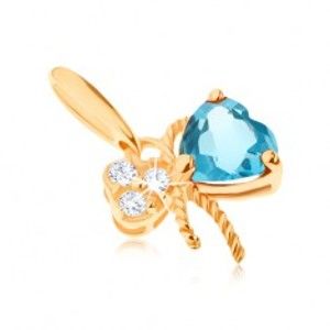 Šperky eshop - Zlatý prívesok 585 - mašlička ozdobená modrým topásom a čírymi zirkónmi GG90.33