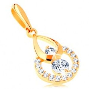Šperky eshop - Zlatý prívesok 585 - obrys kvapky a kruhu, žiarivé číre zirkóny GG118.14
