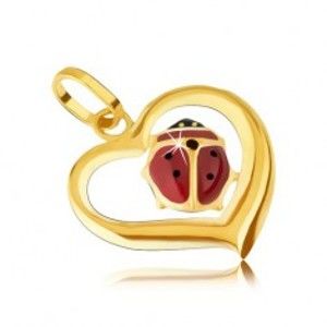 Šperky eshop - Zlatý prívesok 585 - obrys nepravidelného srdca, glazúrovaná lienka GG05.31