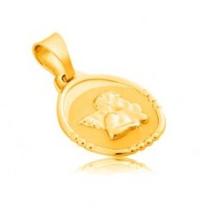 Šperky eshop - Zlatý prívesok 585 - oválna známka s anjelom, lesklo-matné prevedenie GG01.69