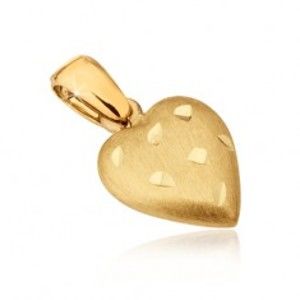 Šperky eshop - Zlatý prívesok 585 - priestorové srdce so saténovým povrchom, ryhy GG14.05