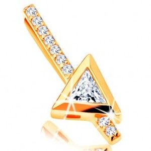 Šperky eshop - Zlatý prívesok 585 - rovná zirkónová palička, číry trojuholníkový zirkón GG122.06