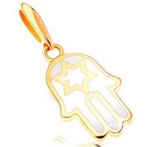 Šperky eshop - Zlatý prívesok 585 - ruka Fatimy pokrytá glazúrou bielej farby, hviezda GG121.04