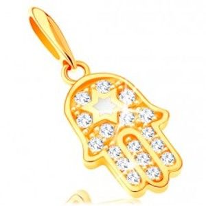 Šperky eshop - Zlatý prívesok 585 - symbol Hamsa s čírymi zirkónmi a bielou hviezdou GG121.10