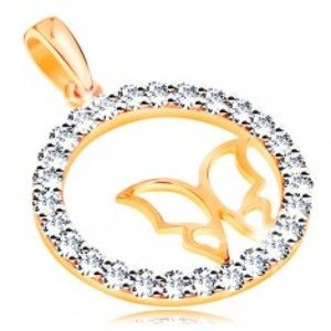 Šperky eshop - Zlatý prívesok 585 - trblietavá zirkónová obruč, tenký lesklý obrys motýľa GG195.43