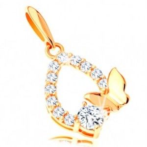 Šperky eshop - Zlatý prívesok 585 - trblietavý obrys slzy, lesklý motýlik a číry zirkón GG120.13