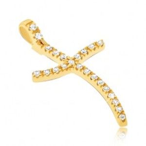 Šperky eshop - Zlatý prívesok 585 - úzky kríž so zvlnenými cípmi a zirkónmi GG03.14