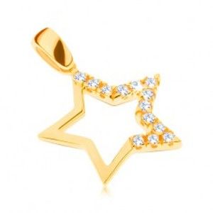 Šperky eshop - Zlatý prívesok 585 - veľká hviezda s brúsenými zirkónmi na troch cípoch GG02.16
