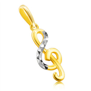 Zlatý prívesok z kombinovaného 14K zlata - husľový kľúč, pásik s trojuholníkovým rezom