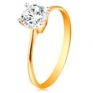 Šperky eshop - Zlatý prsteň 14K - zúžené ramená, žiarivý číry zirkón v lesklom kotlíku GG190.24/30 - Veľkosť: 49 mm