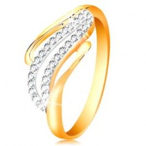 Šperky eshop - Zlatý prsteň 14K - zvlnené línie ramien, ligotavé číre zirkóniky GG199.32/39 - Veľkosť: 58 mm