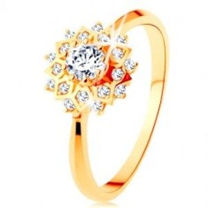 Šperky eshop - Zlatý prsteň 375 - trblietavé slnko zdobené okrúhlymi čírymi zirkónikmi GG117.24 - Veľkosť: 56 mm