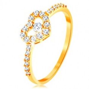 Šperky eshop - Zlatý prsteň 375 - zirkónové ramená, ligotavý číry obrys srdca so zirkónom GG118.25 - Veľkosť: 52 mm