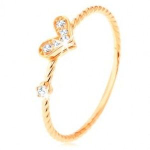 Šperky eshop - Zlatý prsteň 375, špirálovito zatočené ramená, trblietavé srdiečko, zirkón GG114.21/GG114.24 - Veľkosť: 51 mm