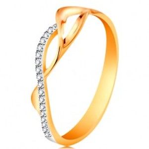Šperky eshop - Zlatý prsteň 585 - asymetricky prepletené vlnky - dve hladké a jedna zirkónová GG189.80/87 - Veľkosť: 54 mm