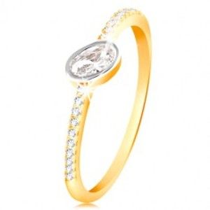 Šperky eshop - Zlatý prsteň 585 - číry oválny zirkón v objímke z bieleho zlata, zirkónové línie GG215.22/28 - Veľkosť: 58 mm